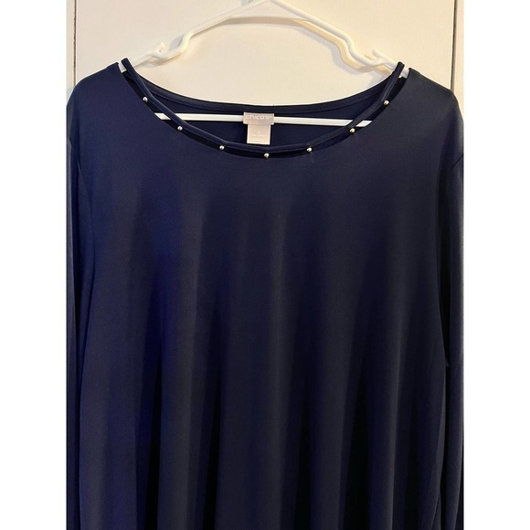 Chico’s Women’s 3/4 Sleeve Blue Tunic Top Size Large Classic Minimalist - Picture 2 of 5